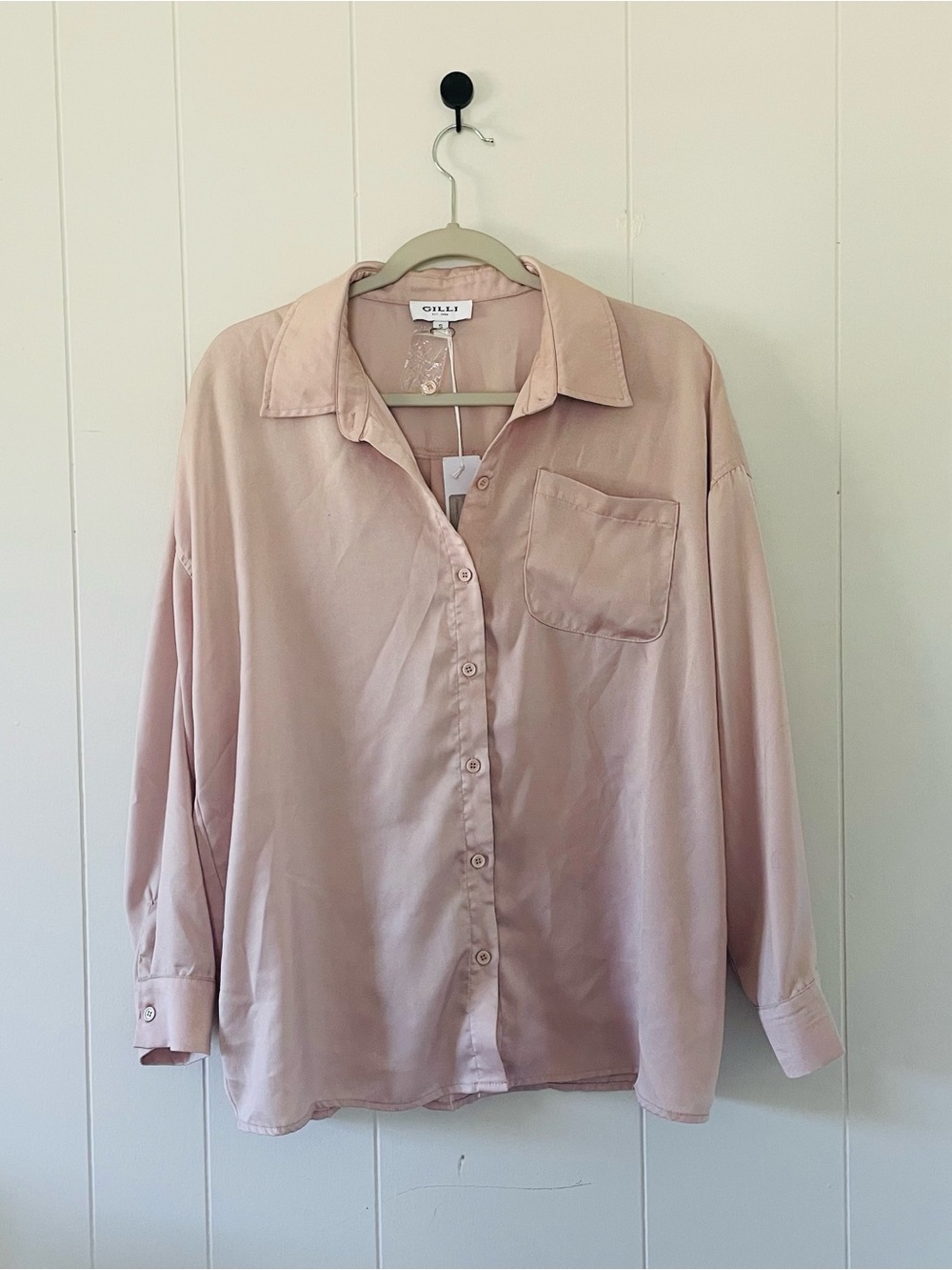 Gilli Blush Pink Satin Relaxed Button-Up Shirt
